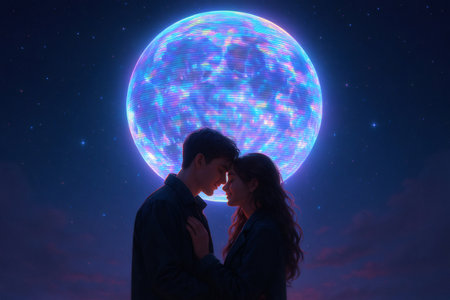 Loving couple with foreheads touching, symbolizing connection and future romance against a glowing celestial body and starry nightの素材