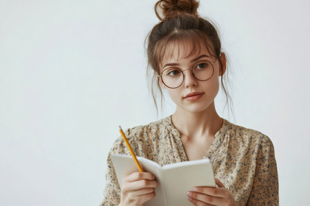 Young woman wearing glasses looking thoughtful, holding an open notebook and pencil, planning future ideas or studyingの素材