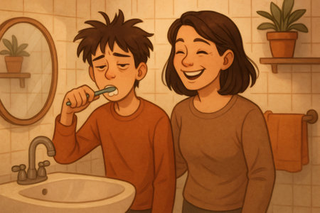 Tired son brushing teeth in the bathroom while smiling mother provides support and care. Daily morning habit, family bondingの素材
