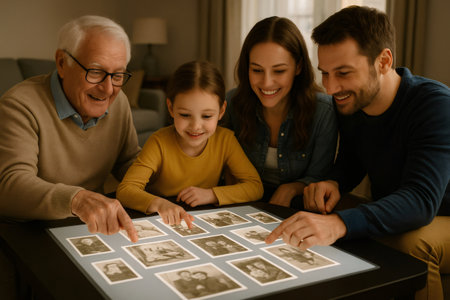 Happy multi generational family enjoying vintage photographs on a modern interactive table, connecting through shared memories and pastの素材