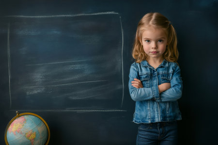 Girl with crossed arms standing by a chalkboard with a globe. Concept of education, learning, and childhoodの素材