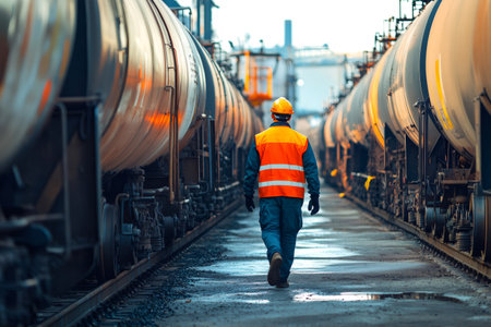 Worker in safety gear walking along railway tracks between rows of tank wagons, symbolizing fuel logistics and industrial transportの素材