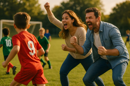 Excited family parents ardently supporting their son playing youth soccer on a green field during a sunny day matchの素材
