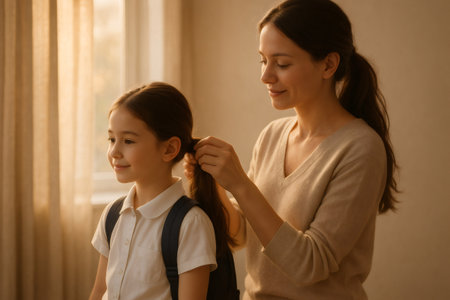 Woman tying young girl's hair in a ponytail, girl wearing school uniform and backpack, morning routineの素材