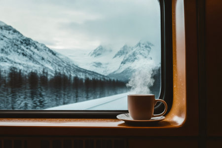 Hot beverage with steam rising on a train window while traveling through a beautiful winter mountain landscapeの素材