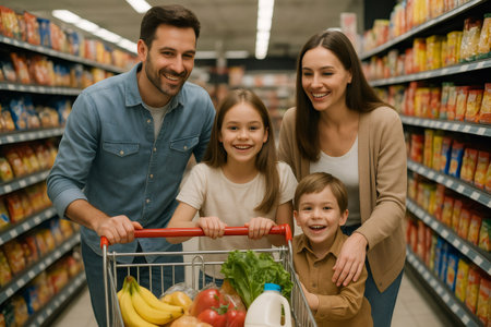 Family enjoying time together, parents and children smiling while pushing a shopping cart filled with fresh produce in a store aisleの素材