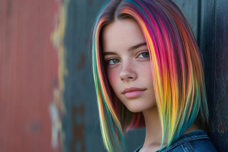 Portrait of a young female model with colorful, dyed hair. She is showing a unique and expressive hairstyleの素材