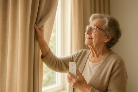 Senior woman happily using a remote control for automated curtains, enjoying modern home convenience and comfortの素材