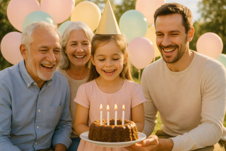 Happy girl holding a lit birthday cake, surrounded by her smiling multi generational family outdoors, balloons decorating backgroundの素材