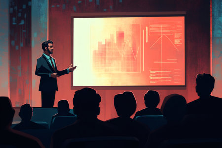Speaker on stage presenting financial charts and graphs to a dark silhouette audience, discussing market trends and economic growthの素材