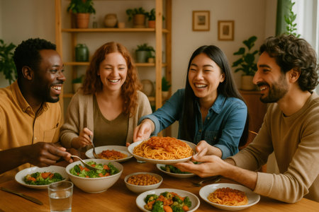 Diverse friends enjoying a joyful dinner party, sharing food and laughter around a table, celebrating unity and camaraderieの素材