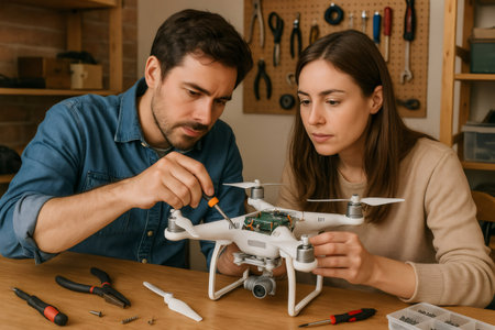 People collaborating on drone maintenance and assembly in a home workshop. Focused individuals fixing a quadcopter using toolsの素材