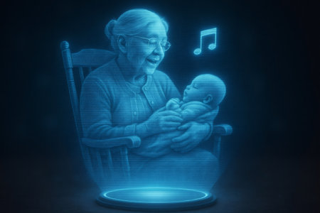Hologram of an elderly woman rocking and singing a lullaby to a sleeping infant, blending future technology with family bondingの素材