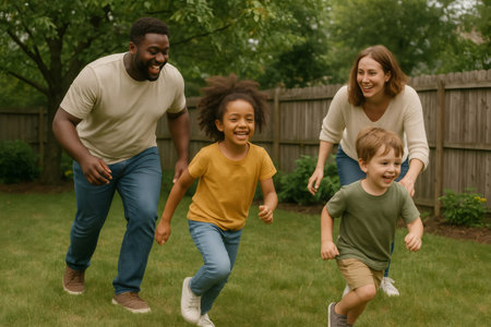 Happy family of diverse parents and children running, smiling, and having fun together on green grass in a home gardenの素材