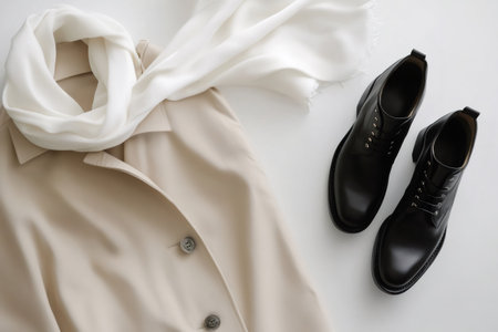 Beige coat and white scarf creating an elegant outfit. Black leather boots complementing the muted color paletteの素材
