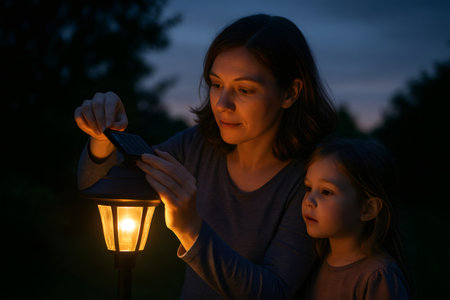 Woman adjusting solar panel on an illuminated outdoor pathway light, her daughter watching closely, learning about renewable energyの素材