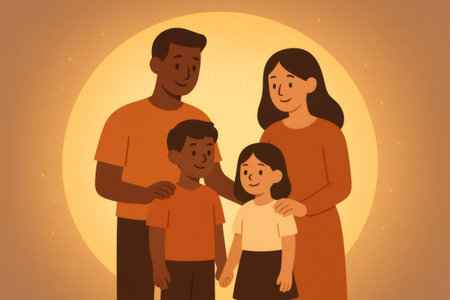 Family standing together, parents embracing their children under a warm, glowing light, symbolizing unity, love, and supportの素材