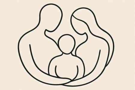 Family unit illustration with parents and child silhouette. Expressing support, protection, and strong family bondsの素材