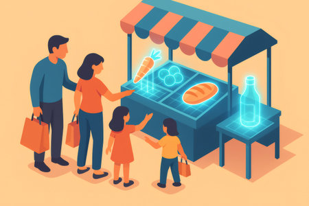 Family viewing and selecting groceries at a futuristic market stall. Holographic produce and products are displayed for buyingの素材