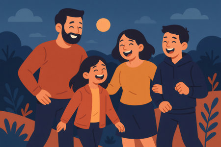 Family of four, parents and children, smiling and laughing while walking outdoors during evening. Concept of joy and togethernessの素材