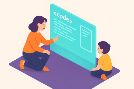 Woman and boy engaging in a virtual coding lesson, learning programming concepts on a transparent digital displayの素材
