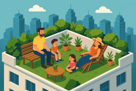Family relaxing on a green roof, with plants and city skyscrapers in the background, promoting sustainable living and communityの素材