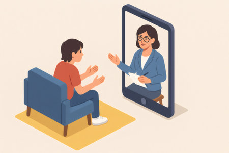 Person receiving online psychotherapy from a professional therapist on a mobile phone for mental health support and digital healthcareの素材
