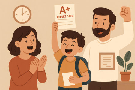 Young boy happily showing his A plus report card to his clapping mother and cheering father, celebrating academic achievementの素材
