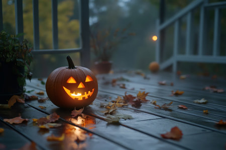 Carved Jack o' lantern glowing on a wet wooden deck, surrounded by autumn leaves in a misty Halloween evening atmosphereの素材