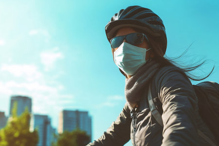 Person wearing a face mask, helmet, and sunglasses cycling in the city, practicing health protection and safe commutingの素材