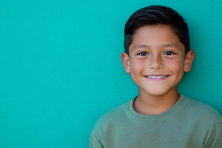 Confident young boy with a genuine smile, expressing joy and happiness against a plain teal colored backgroundの素材
