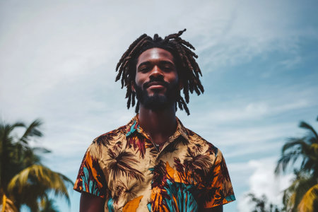 Young Black man wearing colorful tropical shirt, embodying island lifestyle, vacation, and cultural pride outdoorsの素材