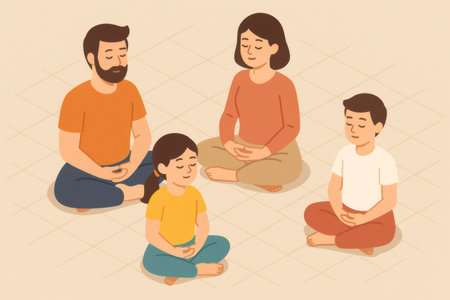 Family members sitting in a circle, eyes closed, meditating. Promoting calm, relaxation, and wellness within the familyの素材