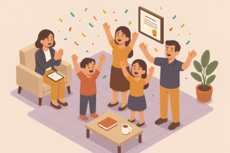 Happy family, including parents and children, celebrating a successful therapy milestone with their clapping female counselorの素材