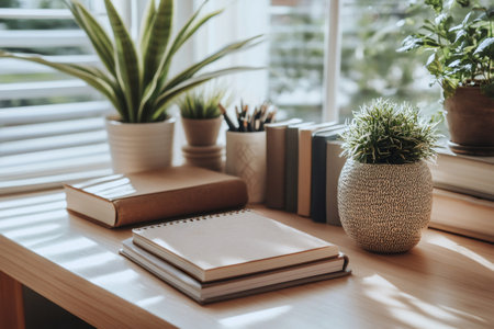 Wooden desk featuring notebooks, books, and houseplants near a window, creating a serene and productive workspaceの素材