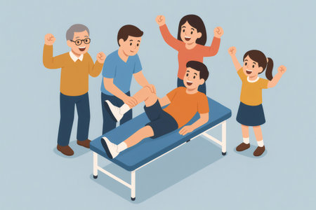 Physiotherapist assisting a man with knee therapy while his supportive family cheers for his successful recovery journeyの素材