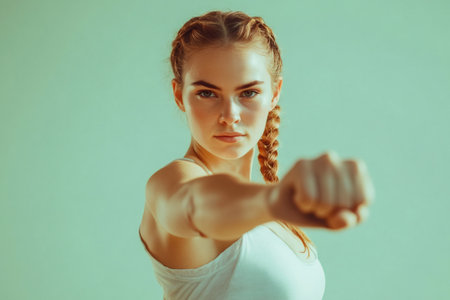 Young woman with braided hair showing strength and determination, extending her fist towards the viewerの素材