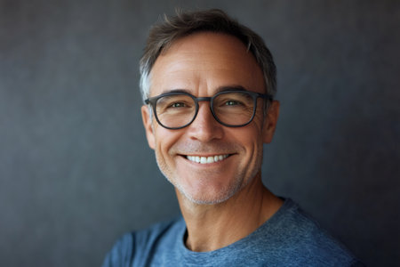Mature man with graying hair and glasses smiling broadly, expressing happiness and contentment against a dark gray backgroundの素材