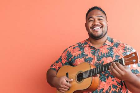 Cheerful Pacific islander man playing a ukulele and smiling, enjoying music with a tropical vibe. Isolated on an orange backgroundの素材