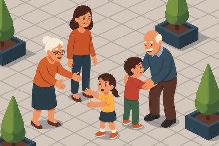 Family members gathering, expressing affection. Grandparents greeting children and mother. Intergenerational connection and love conceptの素材