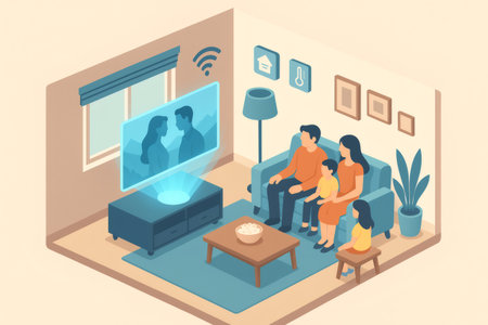 Family enjoying future home entertainment, watching a holographic film together in smart living room. A blend of technology and leisureの素材