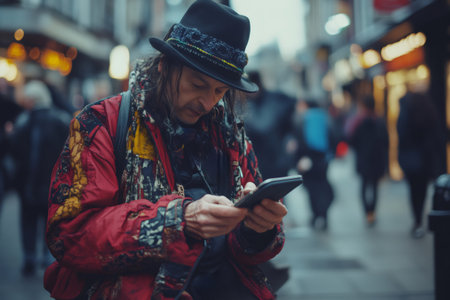 Man wearing colorful jacket and hat, checking smartphone on a busy urban street. Blending traditional style with modern techの素材