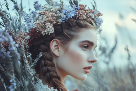 Young woman styling braided hair with a delicate floral crown, standing among dried flowers in soft natural lightの素材