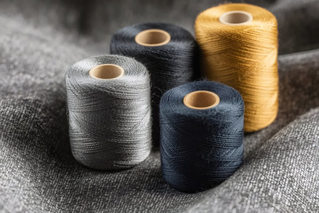 Different colored thread spools resting on textile, representing materials for fashion, tailoring, and hobby projectsの素材