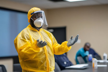 African American manager in hazmat suit, face mask and shield presenting PPE safety training to staff in workplace workshopの素材