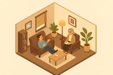 Man discussing personal issues with a psychotherapist, sitting in armchairs within a private office setting, seeking supportの素材