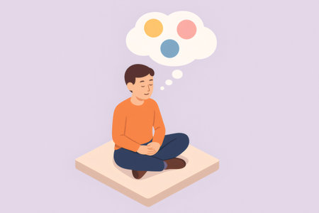 Man sitting cross legged in a meditative pose, having calm thoughts, mindfulness, visualizing abstract conceptsの素材