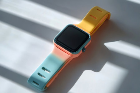 Modern smartwatch featuring a vibrant gradient silicone band and a black screen, reflecting sunlight with graphic shadowsの素材