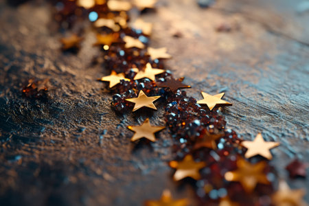 Golden stars and shimmering beads creating a festive garland on a textured dark surface with warm and cool lightingの素材