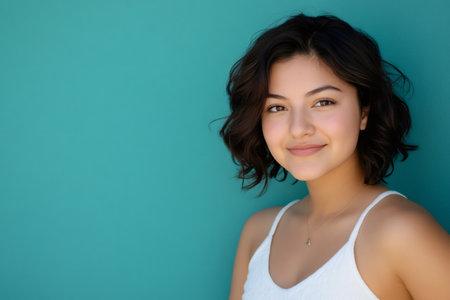 Young Hispanic woman smiling confidently, portraying positive emotions and modern beauty, standing in front of a vibrant teal backgroundの素材